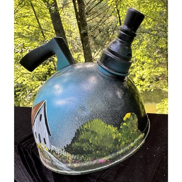 Beautifully Hand Painted Tea Kettle Pot Folk Art Farm Barn Rustic Bar Cave NC - Picture 3 of 12